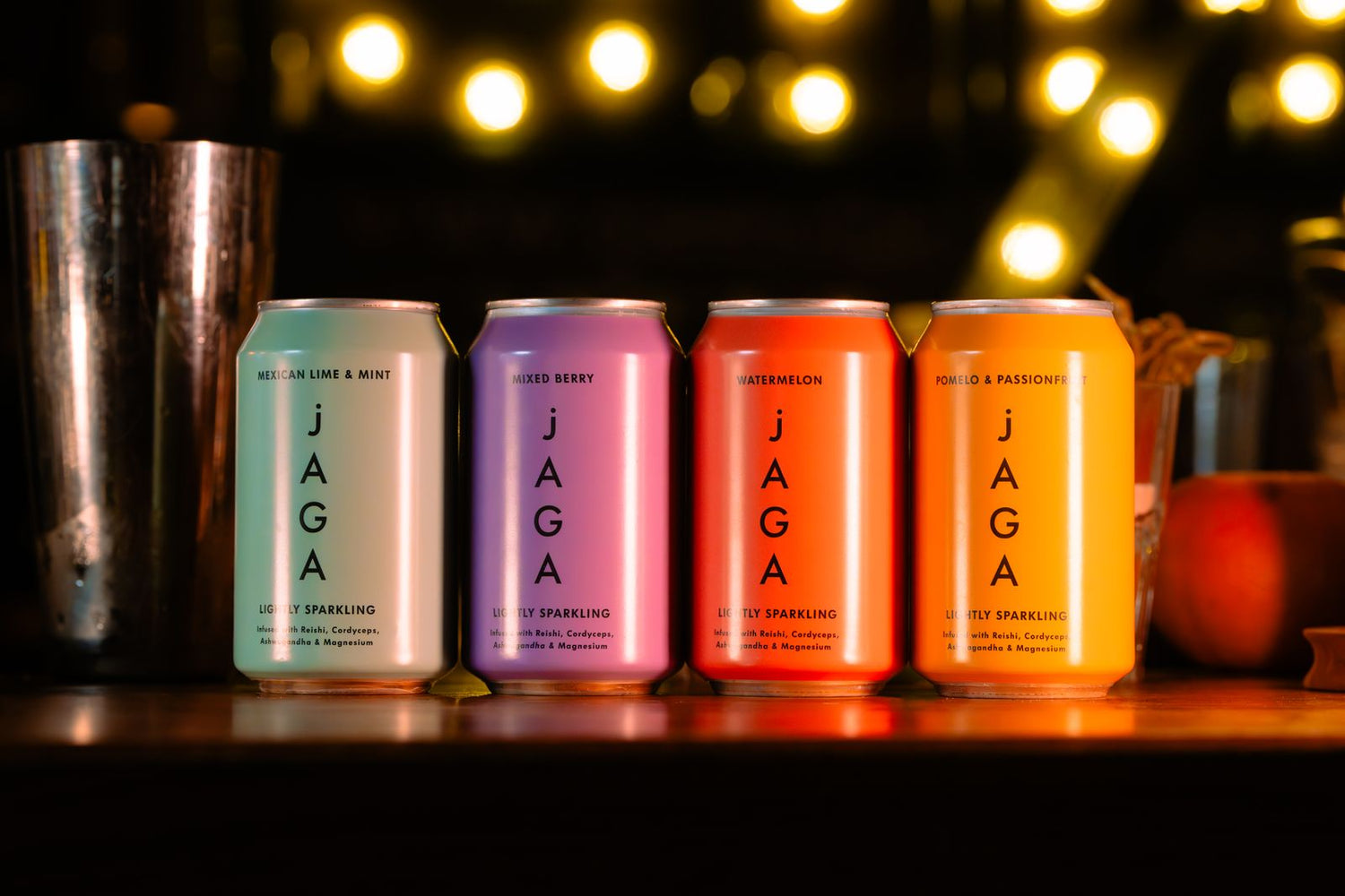 jAGA drinks on dark background with spotlights