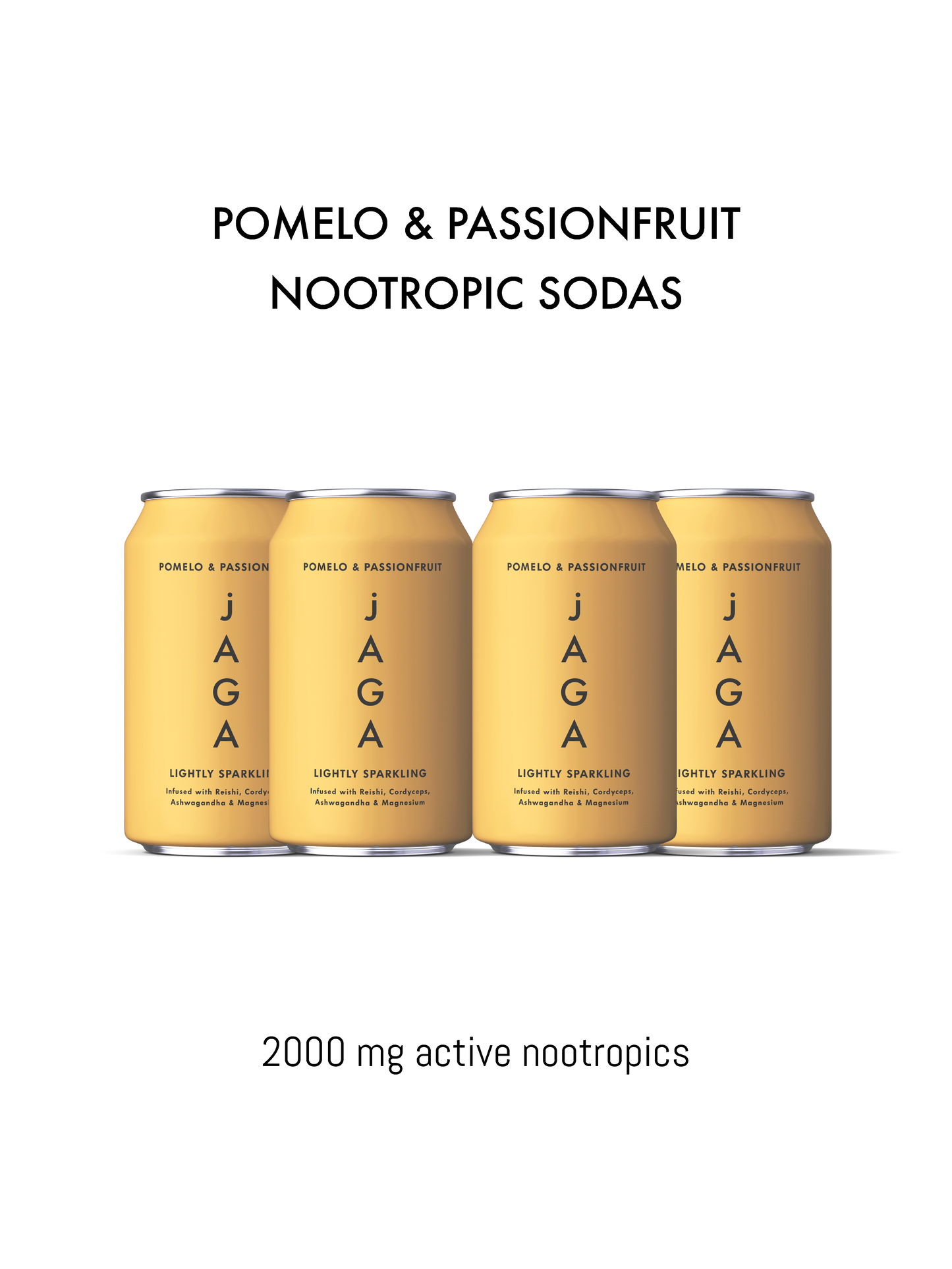 Four cans of Jaga Pomelo & Passionfruit Nootropic Sodas on a white background