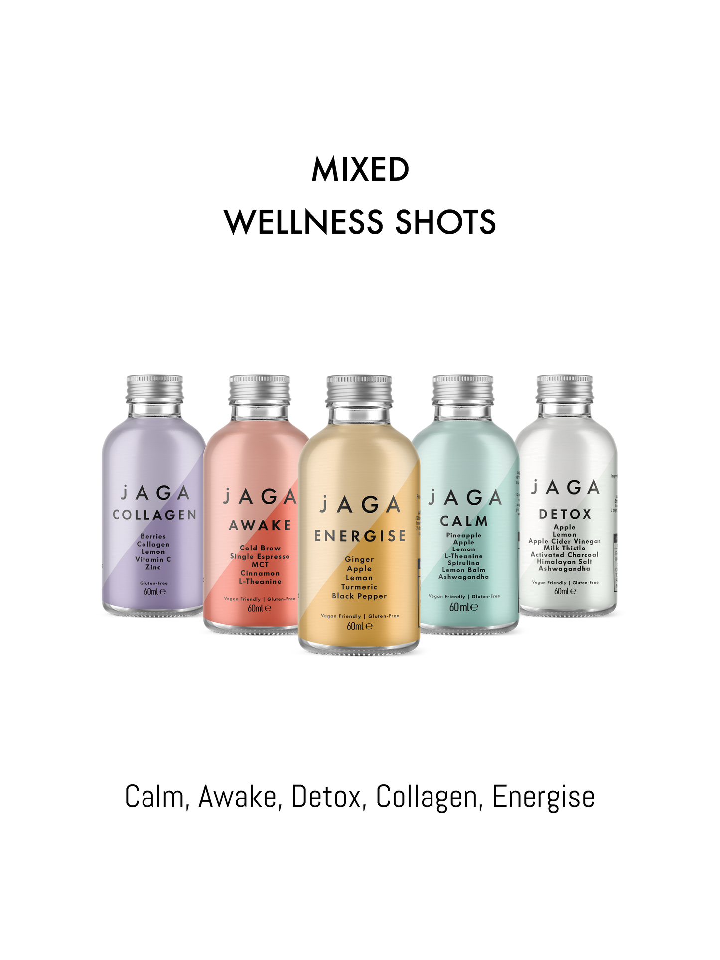 JAGA functional wellness shot bottles in assorted flavours