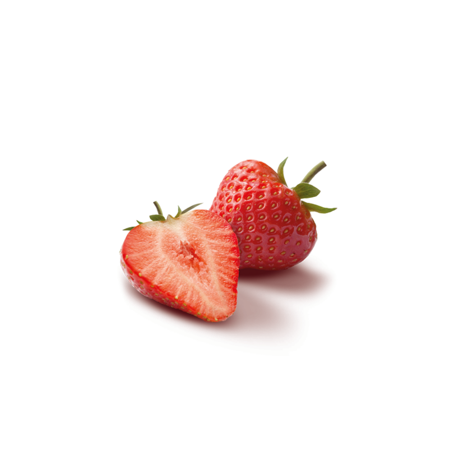 Two strawberries, one whole and one sliced, on a white background