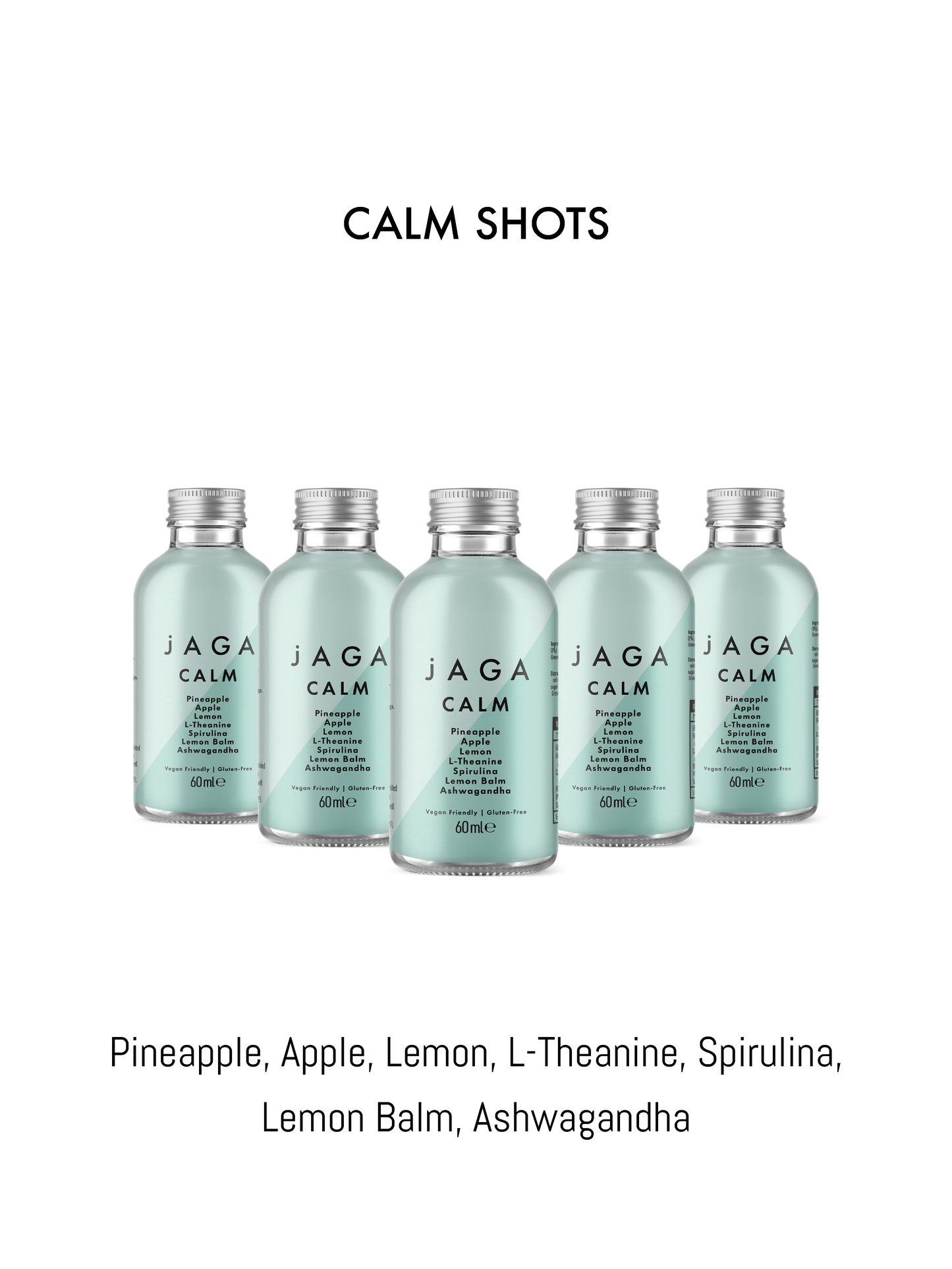 Set of JAGA Calm bottles on a white background with product names listed below.