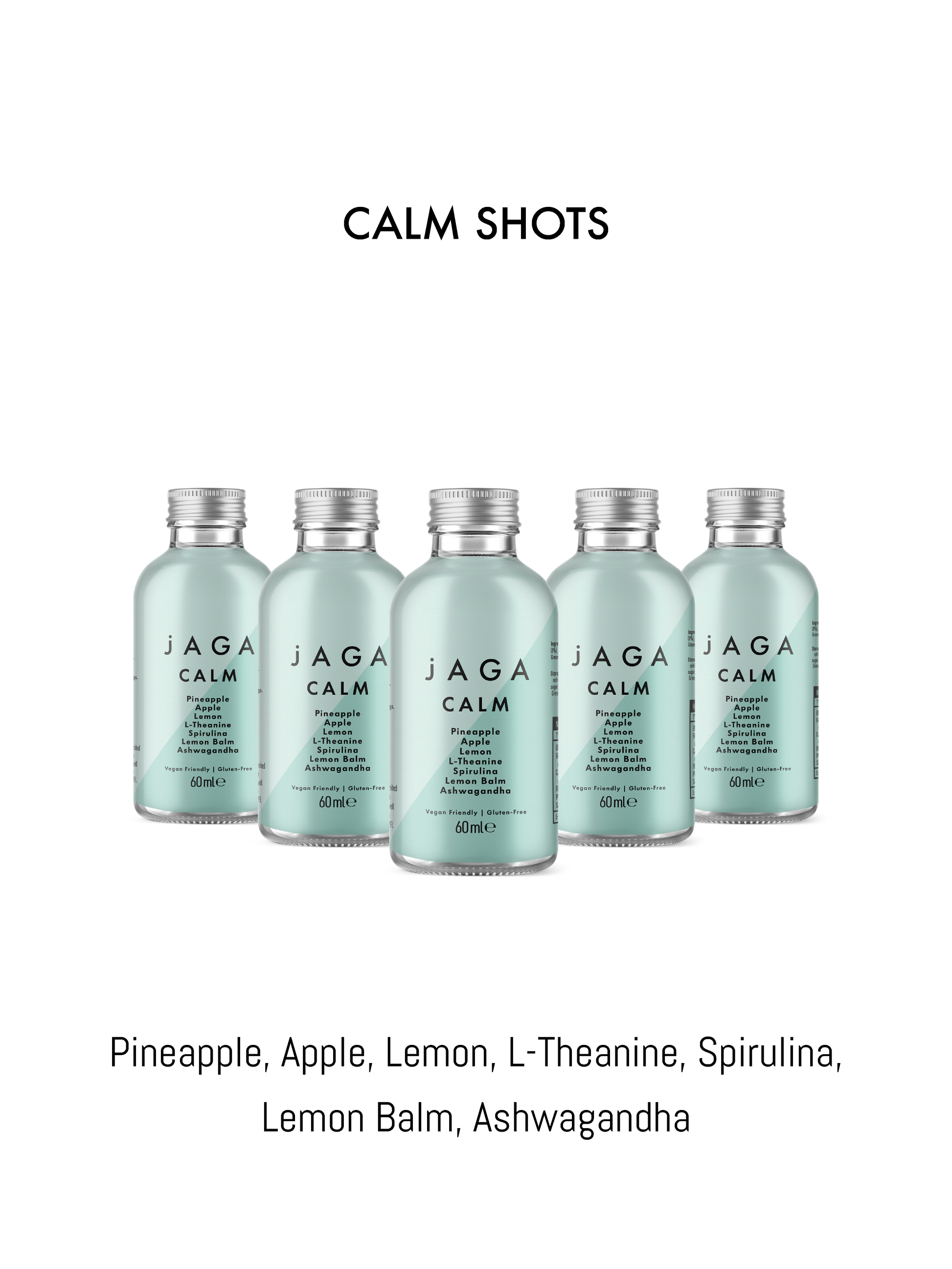 Set of JAGA Calm bottles on a white background with product names listed below.
