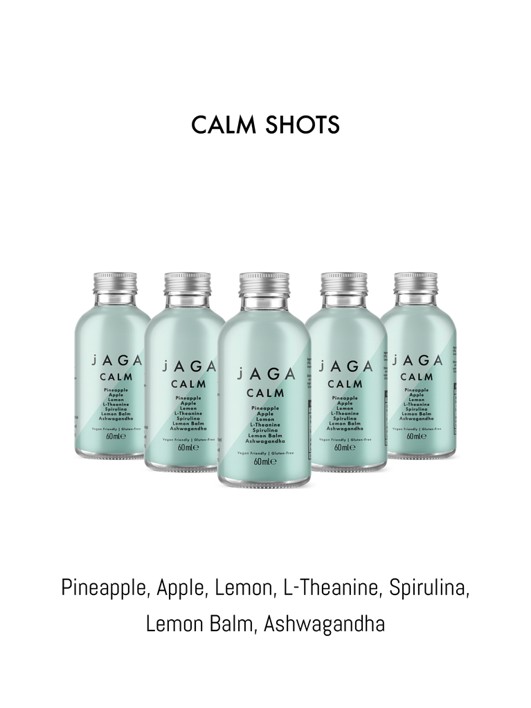 Set of JAGA Calm bottles on a white background with product names listed below.