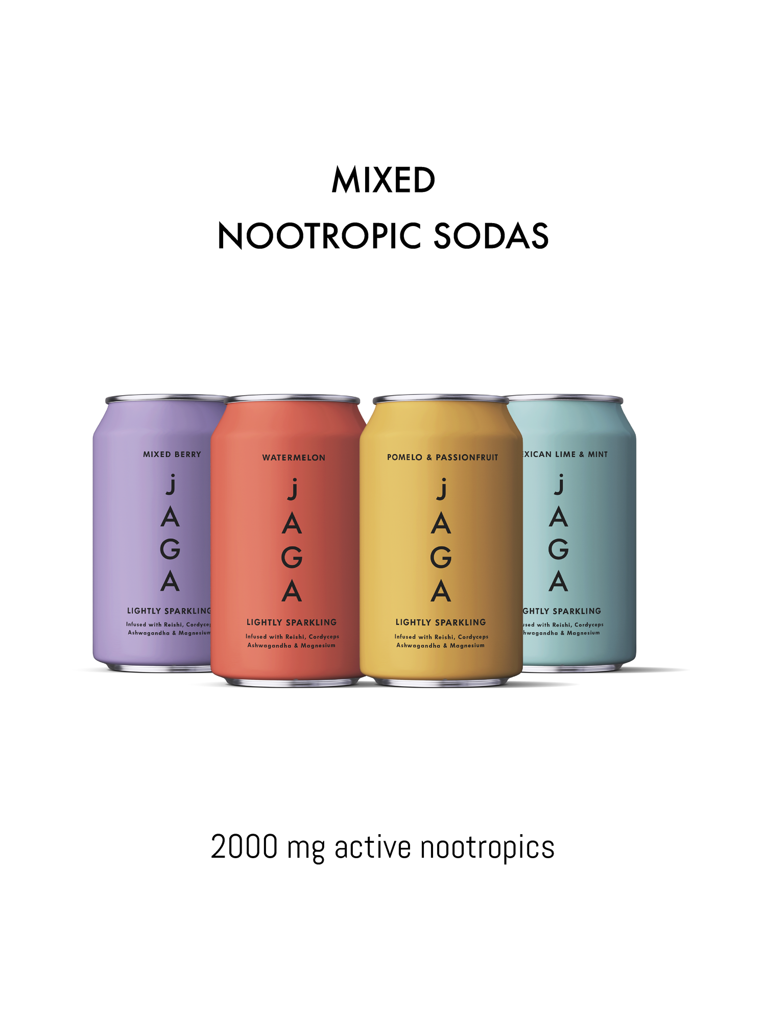 Four colorful cans of Jaga Mixed Nootropic Sodas on a white background