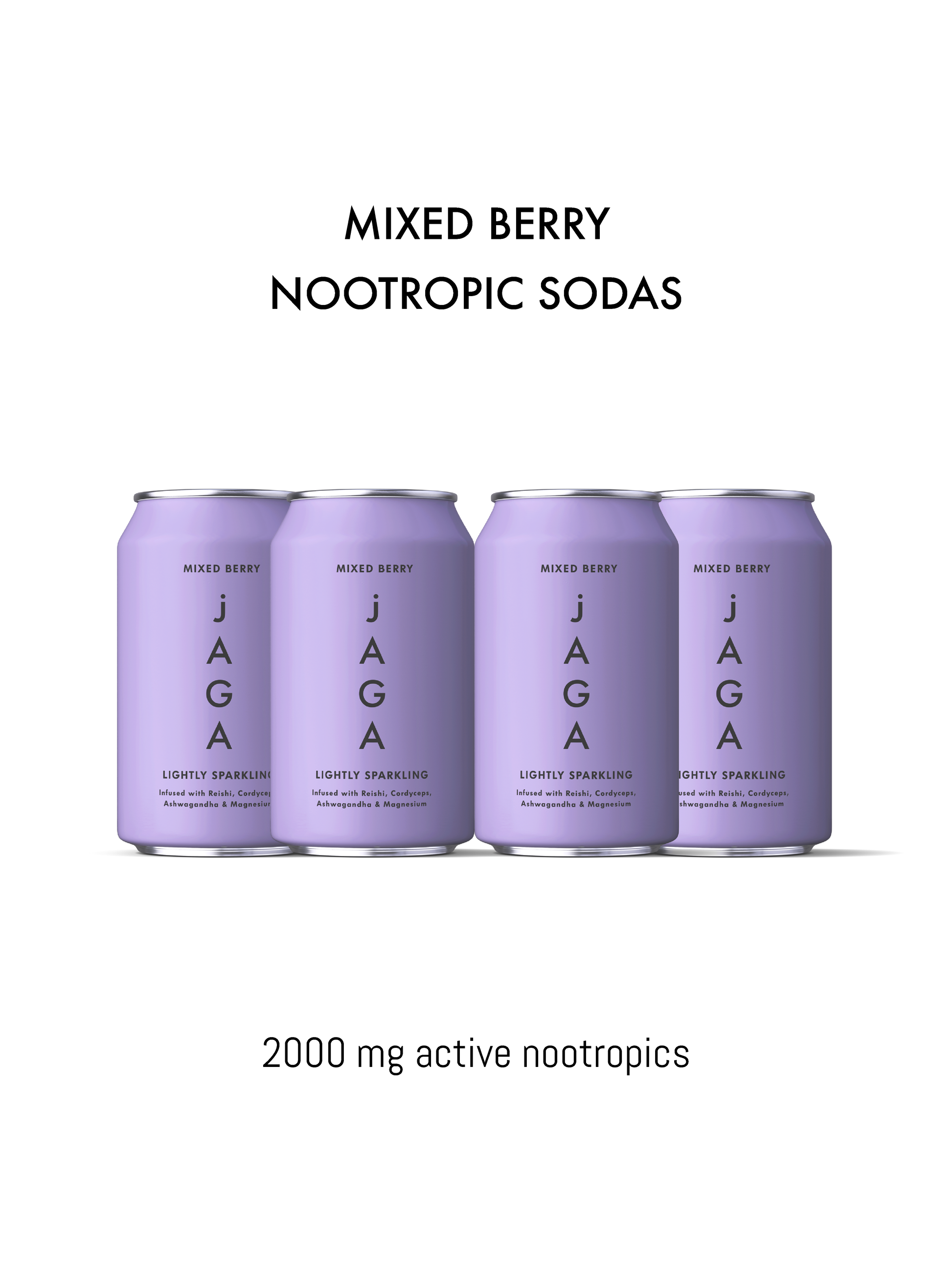 Four purple cans of JAGA Mixed Berry Nootropic Sodas on a white background