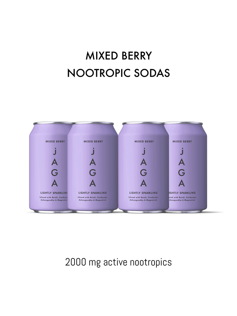 Four purple cans of JAGA Mixed Berry Nootropic Sodas on a white background