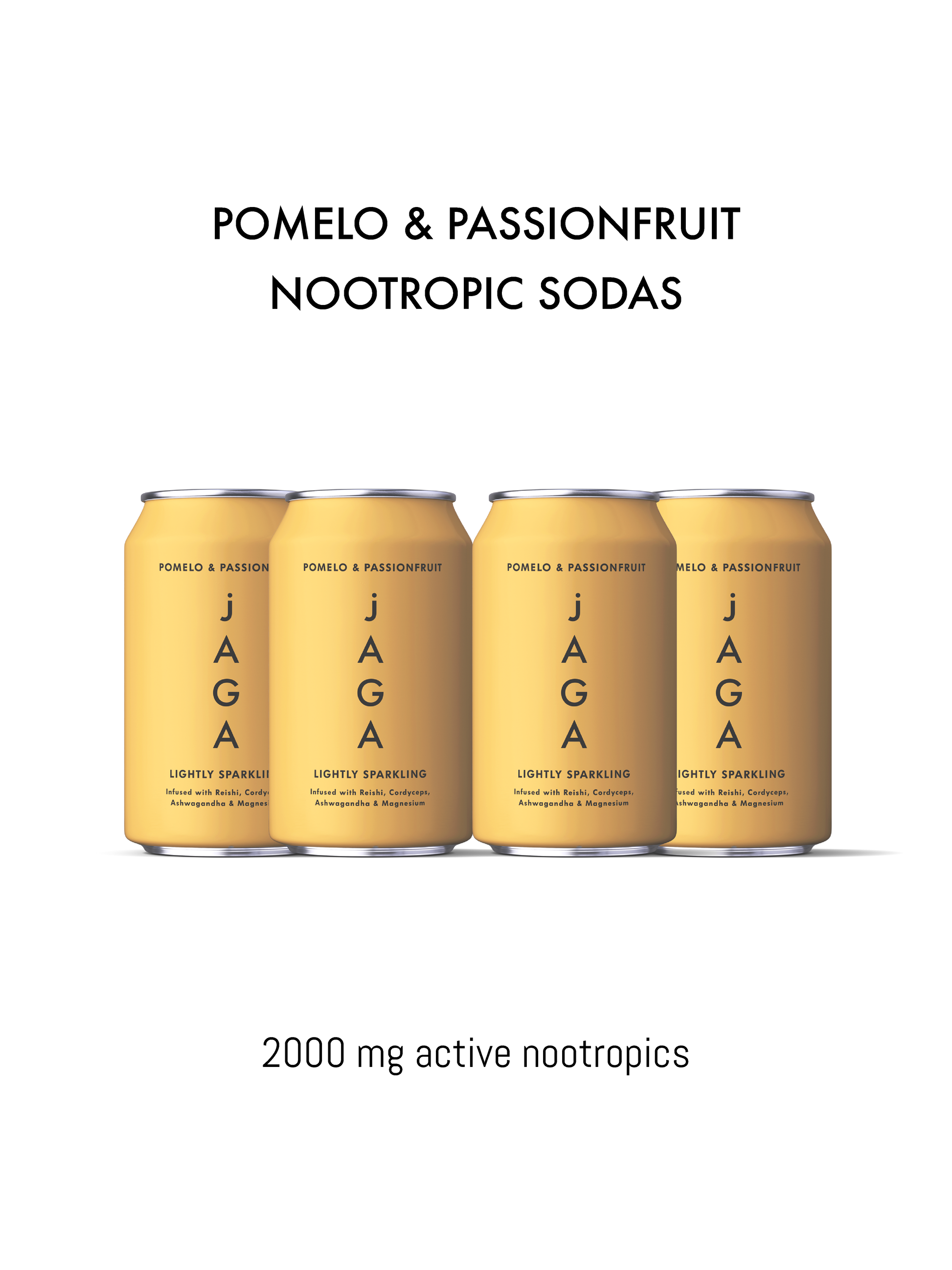 Four cans of Jaga Pomelo & Passionfruit Nootropic Sodas on a white background
