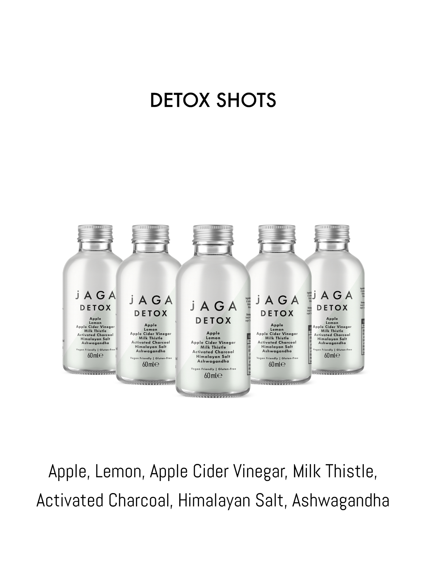 Five Jaga Detox Wellness Shot bottles on a white background with product details below.