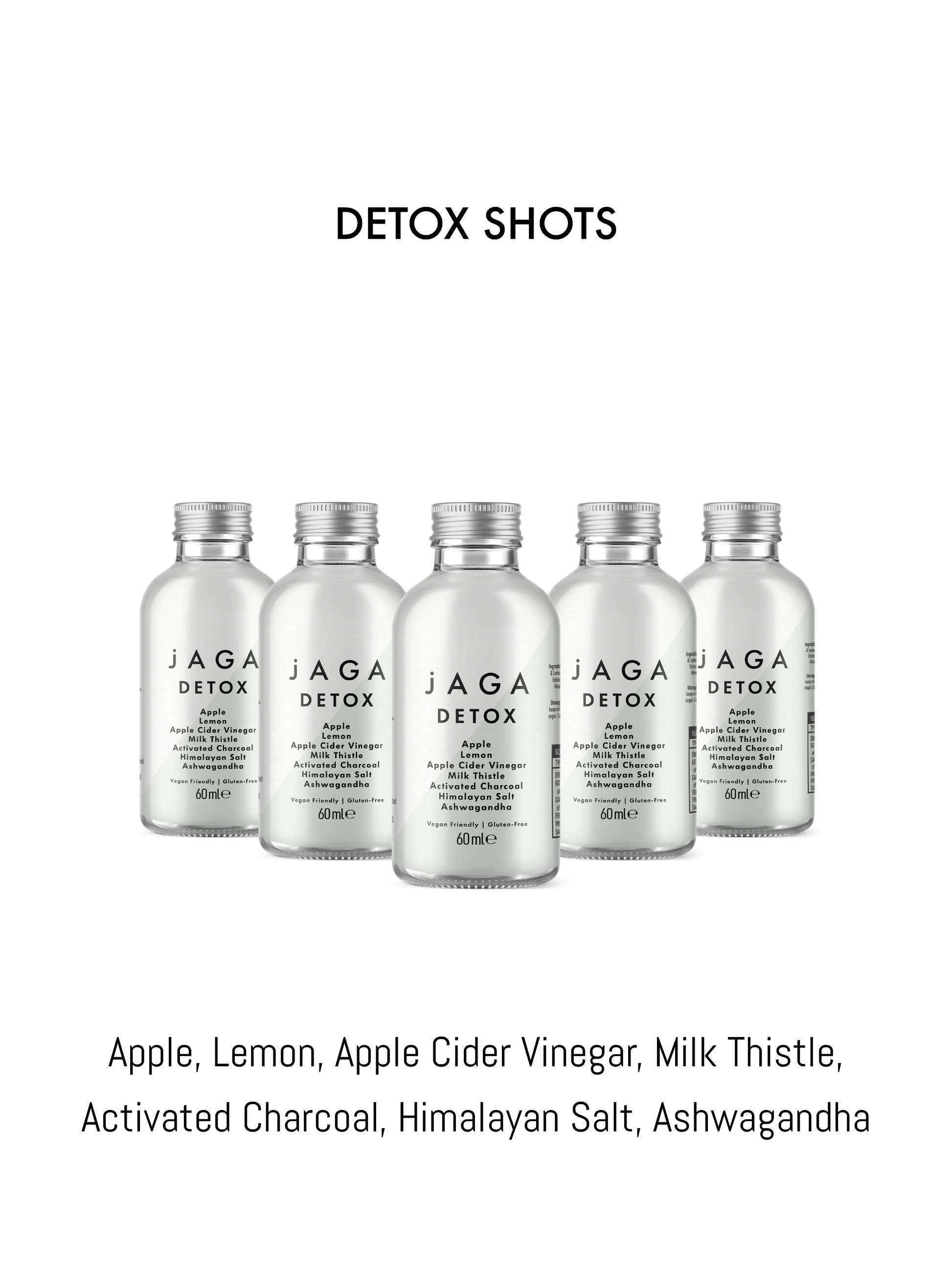 Five Jaga Detox Wellness Shot bottles on a white background with product details below.