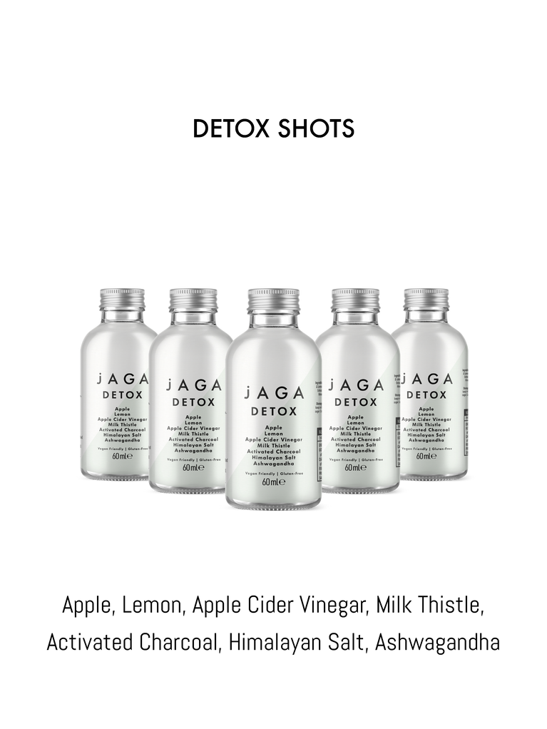 Five Jaga Detox Wellness Shot bottles on a white background with product details below.
