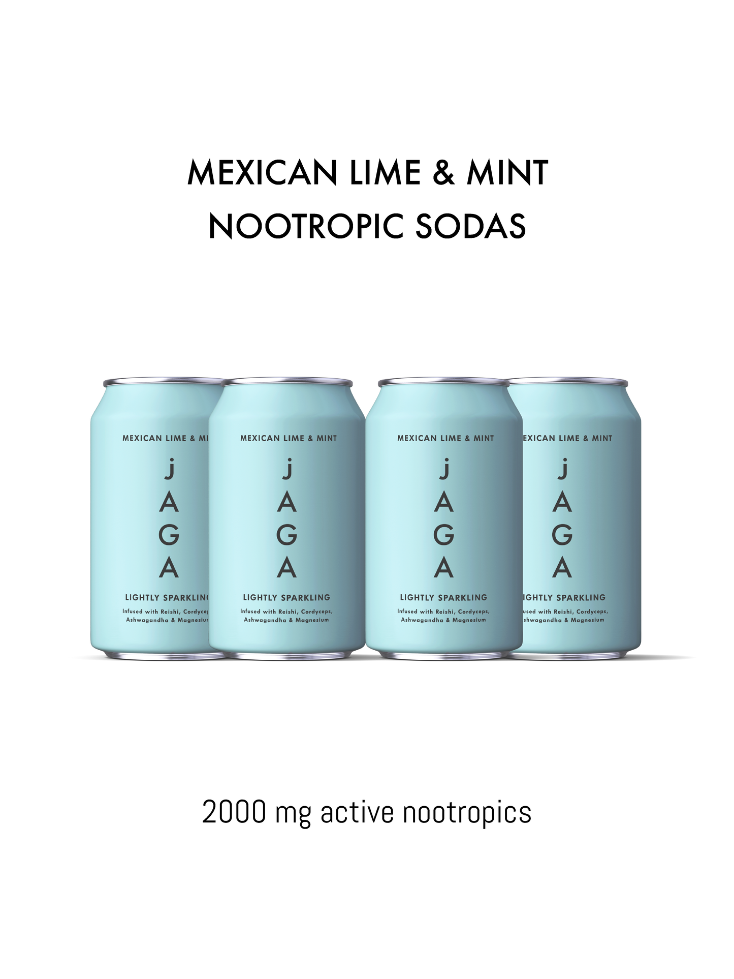 Four cans of JAGA Mexican Lime & Mint Nootropic Sodas on a white background