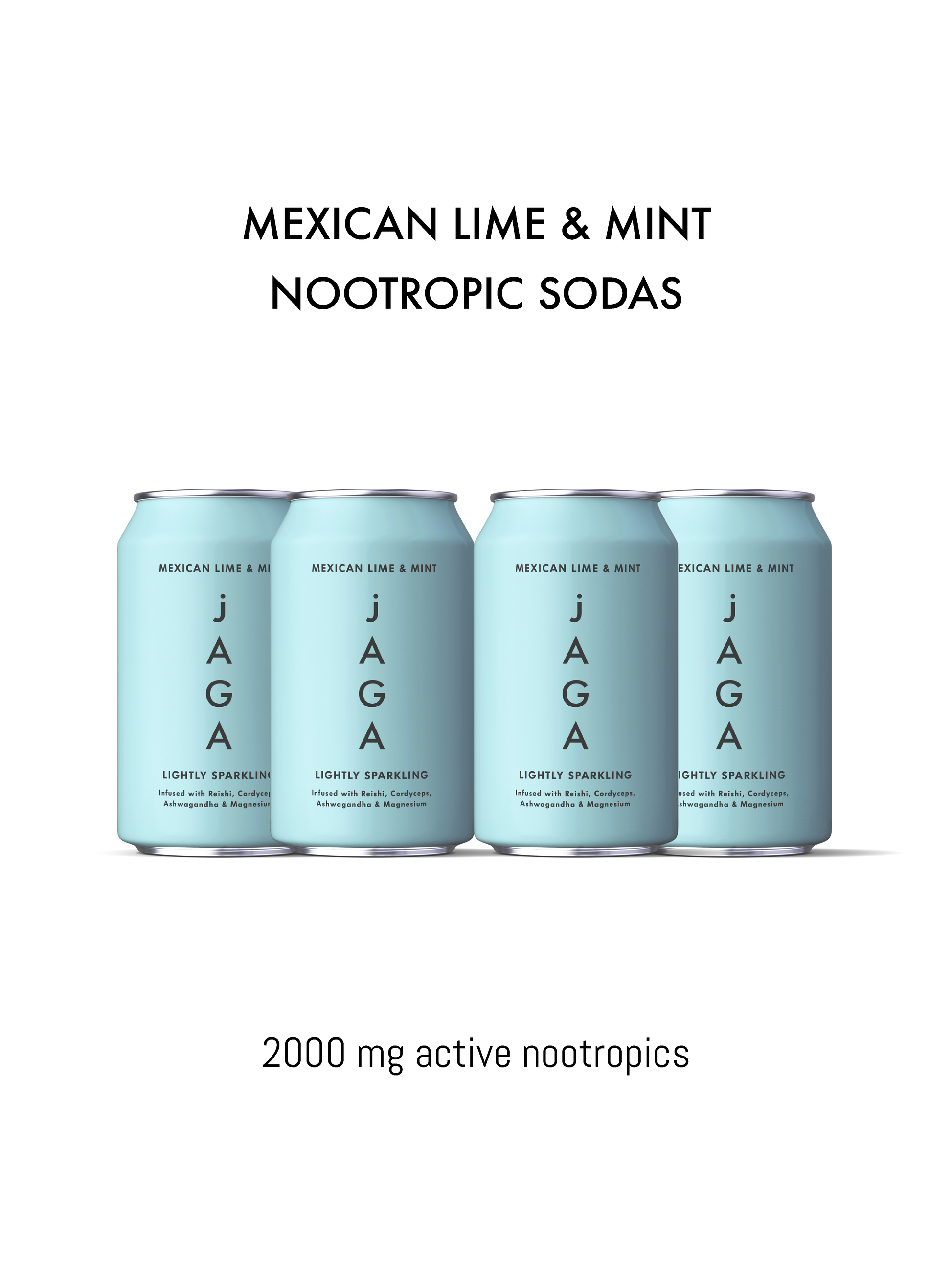 Four cans of JAGA Mexican Lime & Mint Nootropic Sodas on a white background