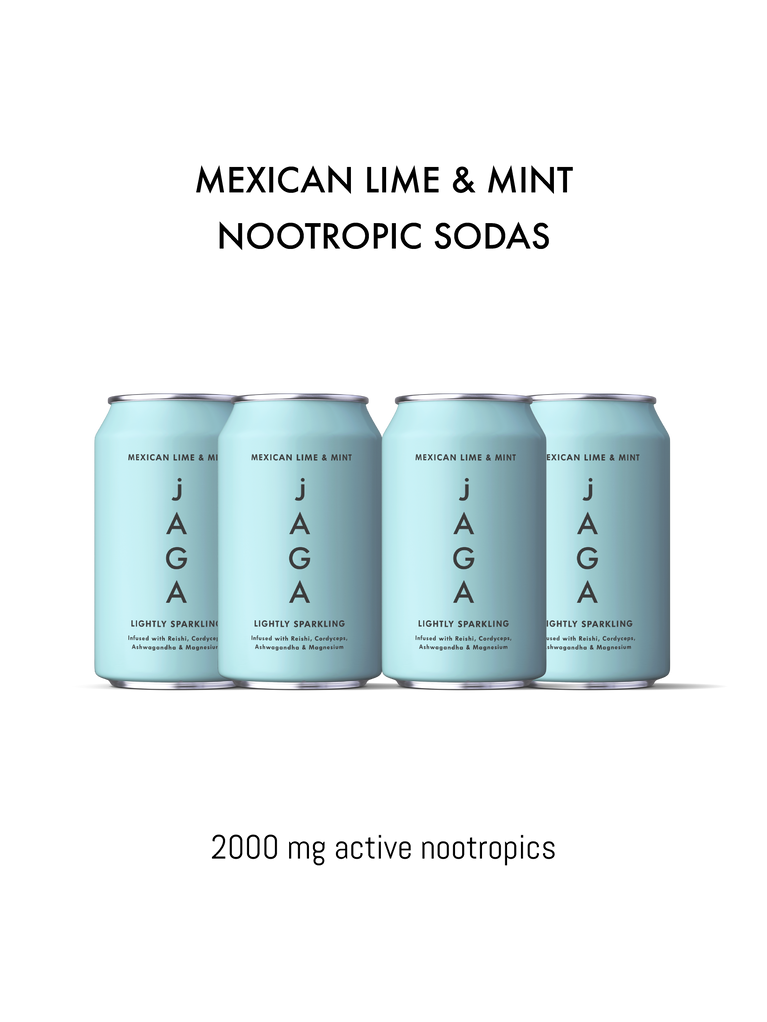 Four cans of JAGA Mexican Lime & Mint Nootropic Sodas on a white background