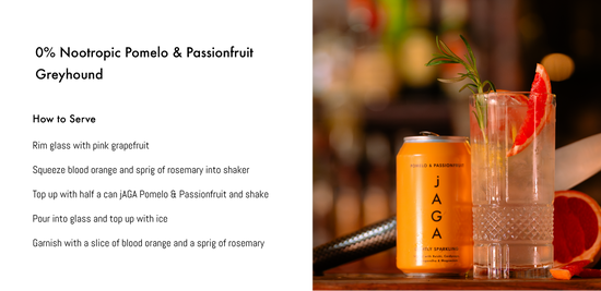 Pomelo Passion Fruit Cocktail Cocktail with ingredients and serving instructions on a blurred background.