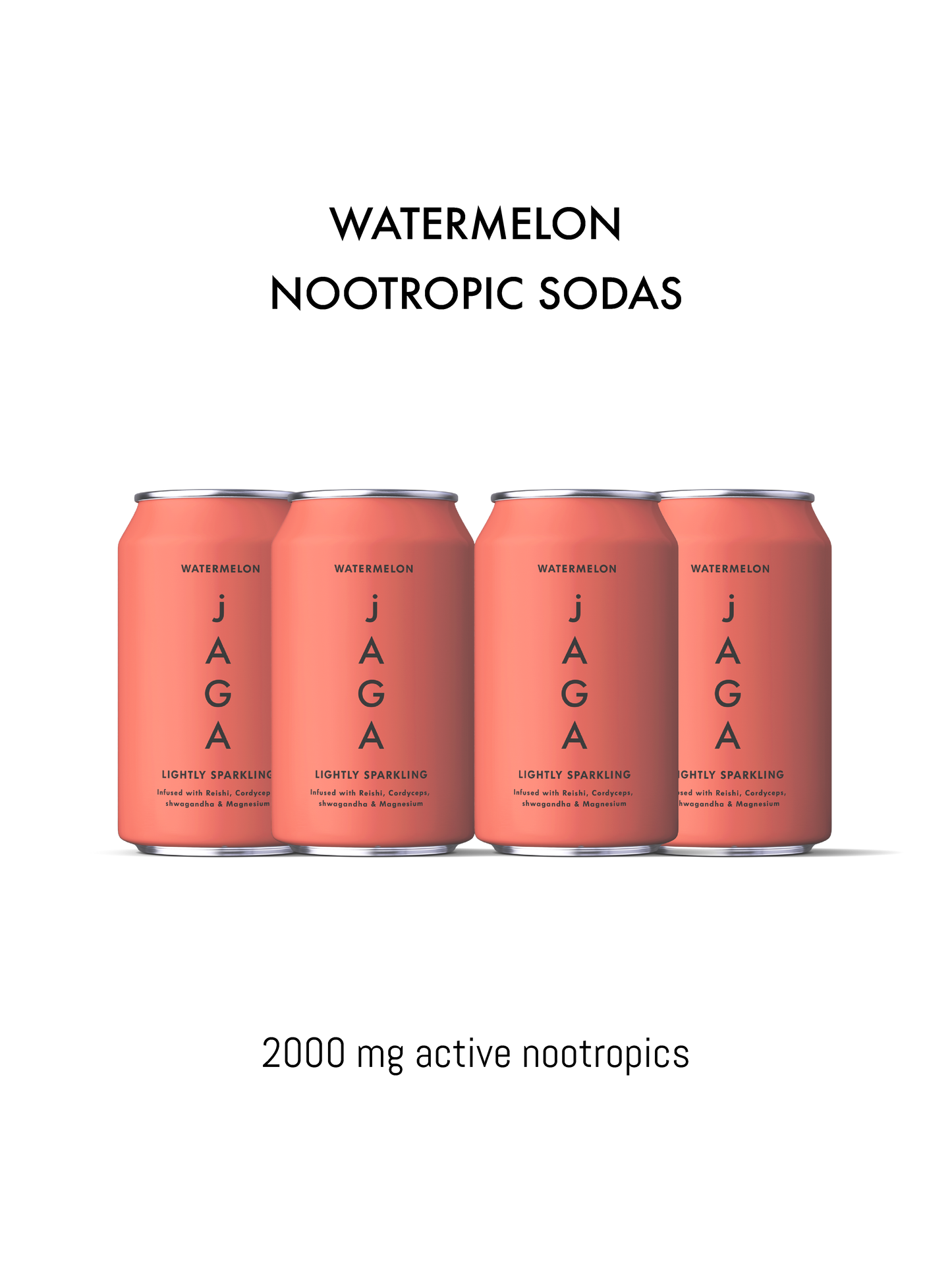 Four cans of JAGA Watermelon Nootropic Sodas on a white background