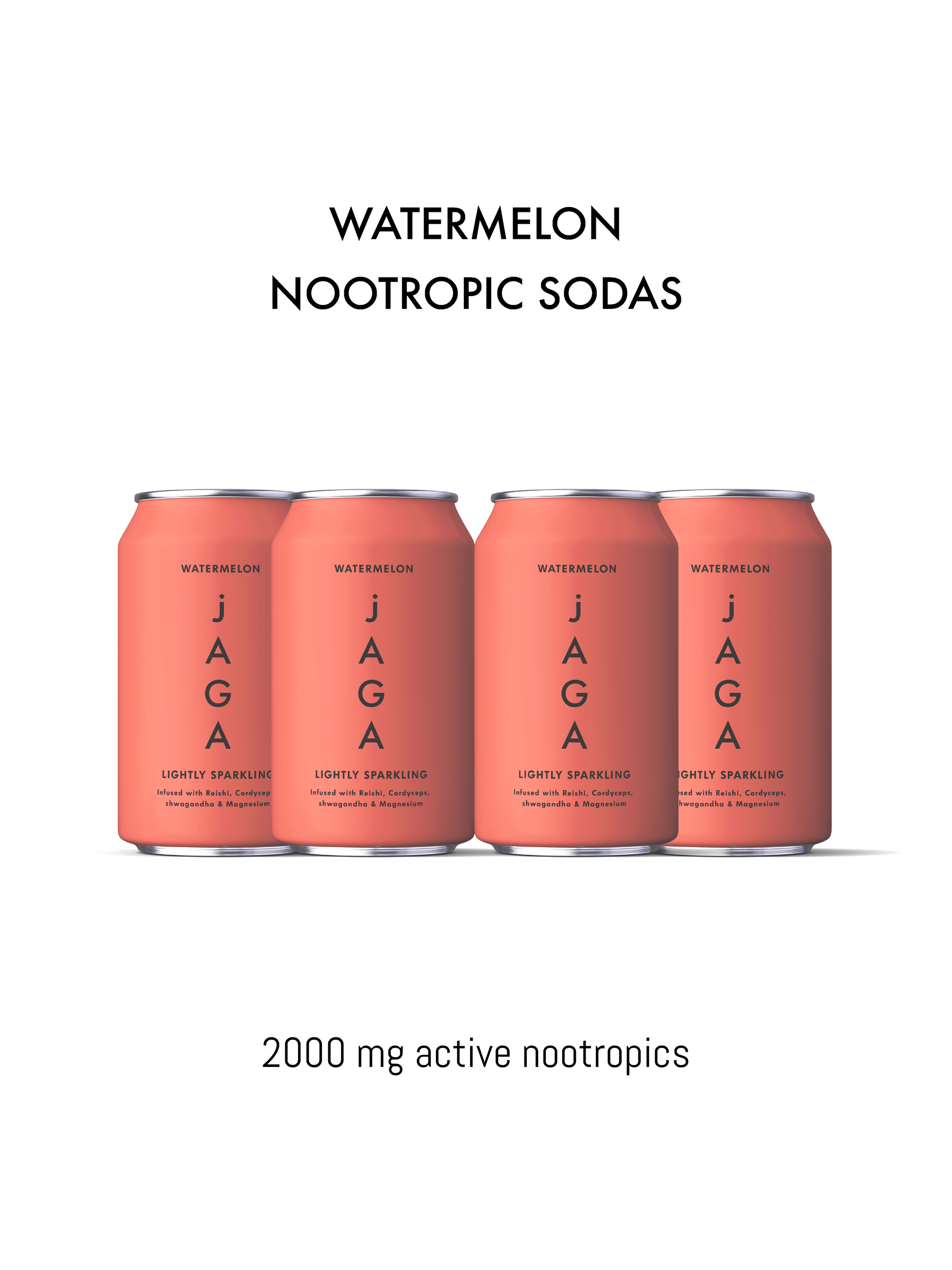 Four cans of JAGA Watermelon Nootropic Sodas on a white background
